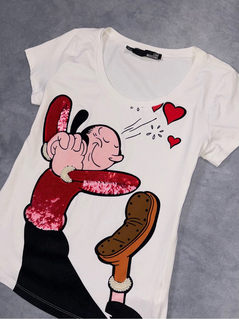 Love Moschino Popeye Olive Oyl Y2K Sequin Hear Cartoon Graphic White T Shirt - Picture 5 of 10